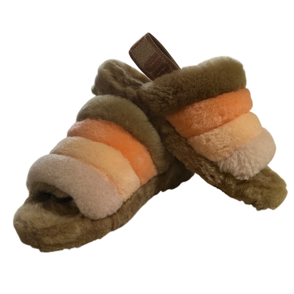 UGG Fluff Yeah Slide Size 6 Burnt Olive Orange Striped Sheepskin Sandals